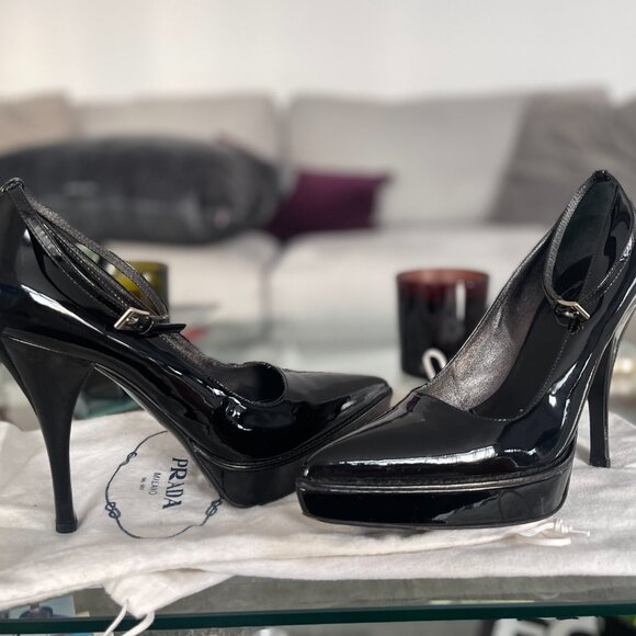 PRADA Black Patent Leather Platform Stiletto's with Ankle Strap - Picture 10 of 16